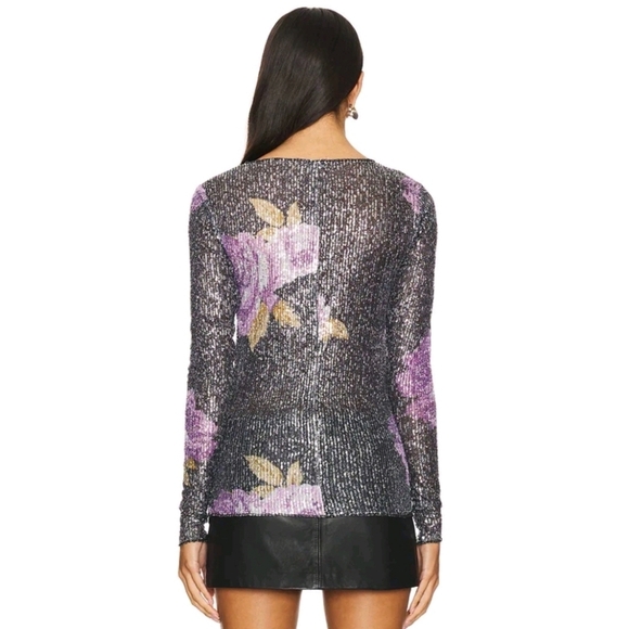 Free People Intimately Gold Rush Black Purple Long Sleeve Floral Sequin Size M - Picture 2 of 16